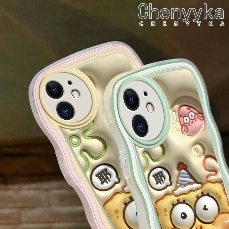 chenyyka Casing For iPhone 11 11 Pro 11 Pro Max Case Cartoon 3D SpongeBob Patrick Star Pattern Wave Border Soft Clear Shockproof Phone Cases Creative Camera Transparent Casing Silica Gel Protective Cover