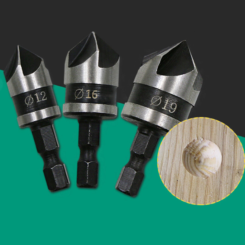 3PCS Countersink Drill Bit Hss Hex Chamfer Five Pears Hexagonal 90 Degrees Boring Drill Shank Carbon Steel Woodworking Tools Set