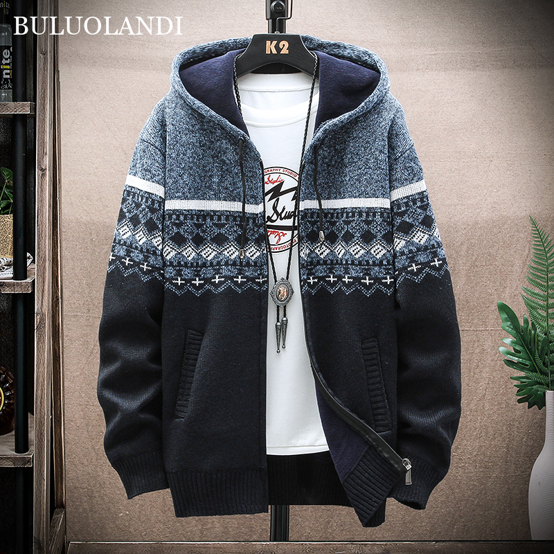 BULUOLANDI Men's Thick Sweaters Hooded Autumn Korean Men's Cardigan Knitted Sweatercoats Patchwork Jacket Male M-3Xl