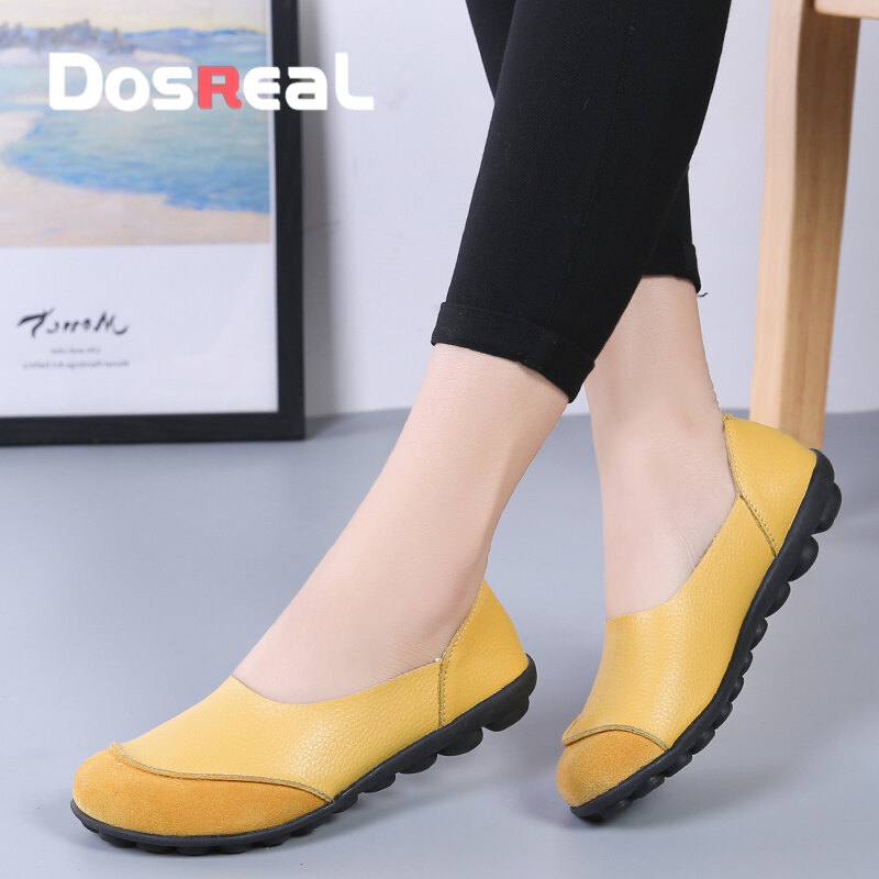 DOSREAL Women Flats Shoes Cow Leather Shallow Fashion Loafers Shoes For Females Sewing Ballet Flats Moccasins Soft Loafers Shoes