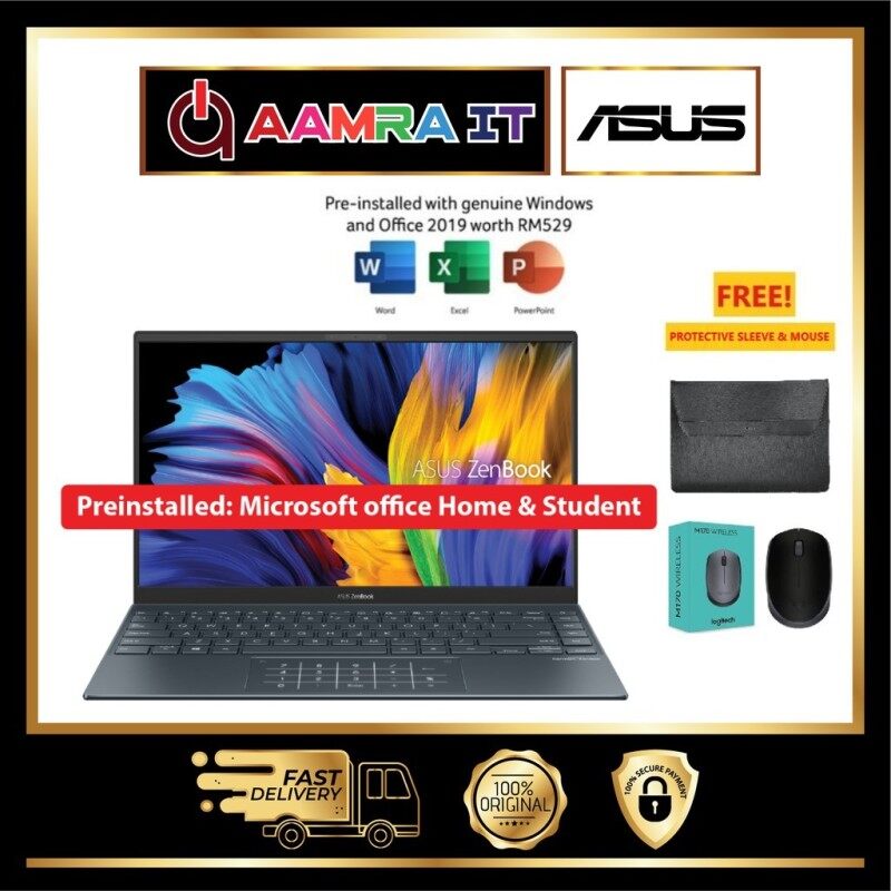 ASUS ZENBOOK 14 UM425U-AAM066TS 14 FHD LAPTOP PINE GREY RYZEN 7 5700U, 8GB, 512GB SSD, ATI, W10, H&S Malaysia