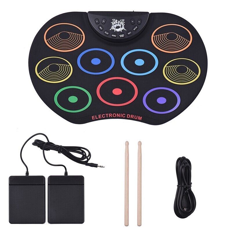 Kỹ Thuật Số USB 9 Pads Đầy Màu Sắc Cuộn Lên Drum Set Silicone Điện Tử Drum Kit Với Dùi Trống Và Duy Trì Bàn Đạp