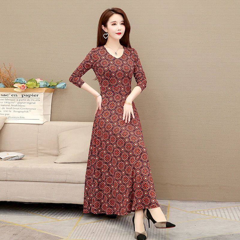 Summer middle-aged and elderly loose floral ethnic style printed dress