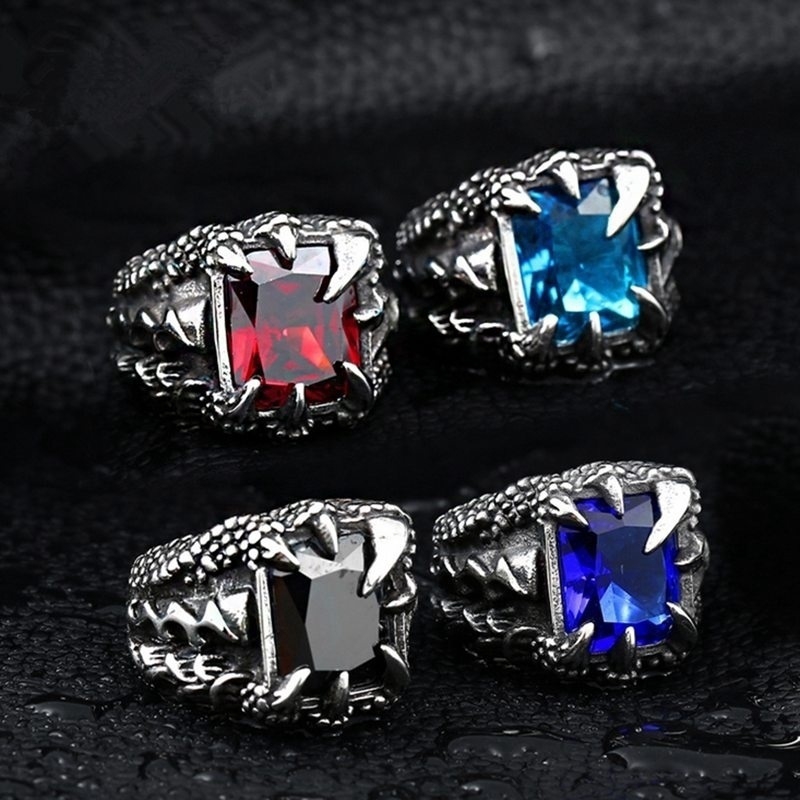 Vintage Gothic Men Dragon Claw Ruby Ring Hip Hop Jewelry