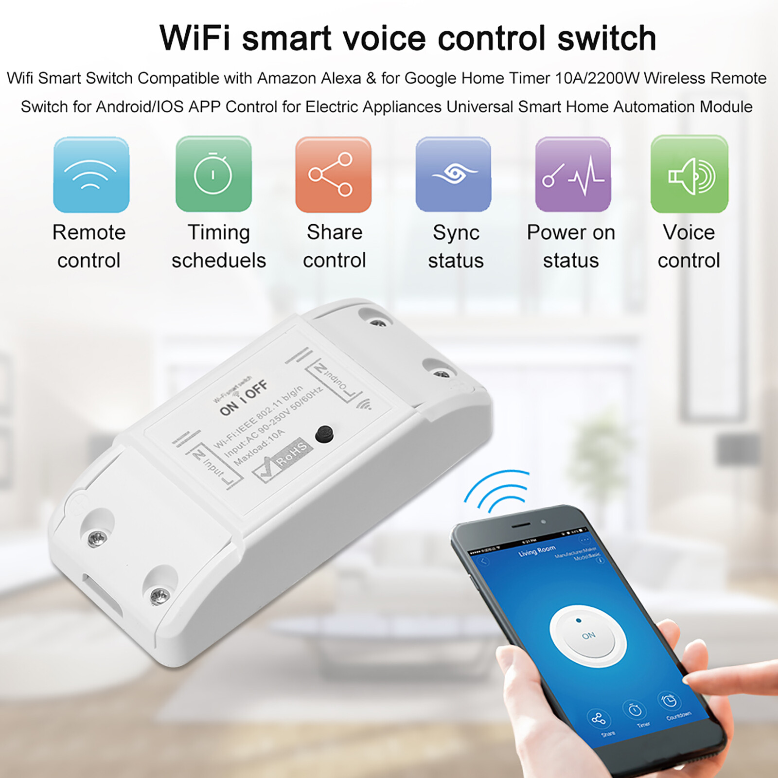 Tuya WiFi Smart Switch 10A/2200W Wireless Remote Switch Timer APP Control Universal Smart Home Automation Module Voice Control Compatible with Amazon Alexa & for Google Home for Electric Appliances
