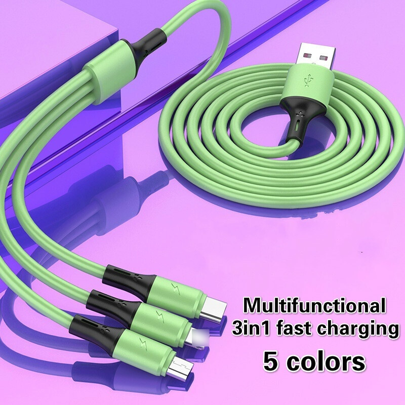 3 In 1 Universal Fast Charging USB Cable Liquid Soft Silicone Fast Charge Line USB Cable USB-C Data Transmission Line for Android Compatible with Apple Type-C