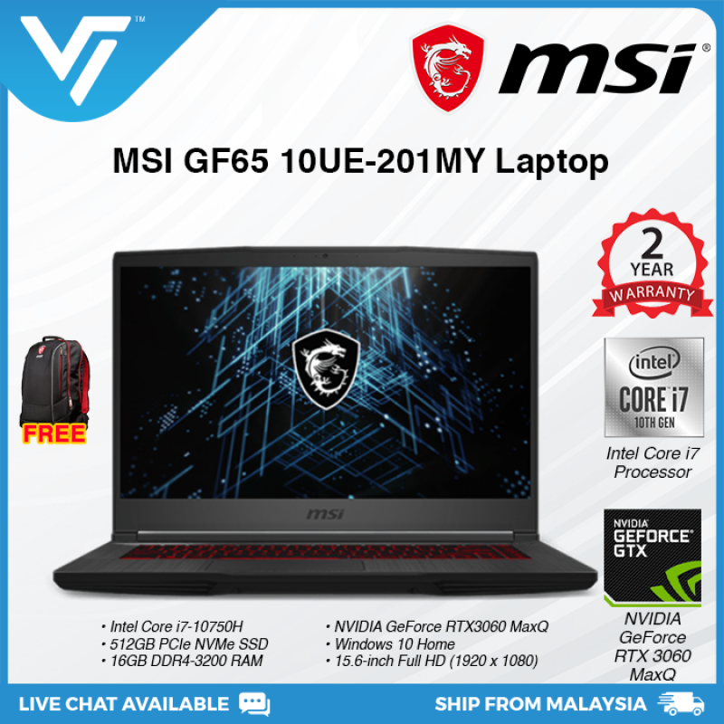 MSI Gaming Laptop GF65 10UE-201MY/265MY (i7-10750H/i5-10500H,RTX3060 Max-Q,16GB,512GB SSD,15.6 FHD IPS 144Hz,W10,2YR) Malaysia