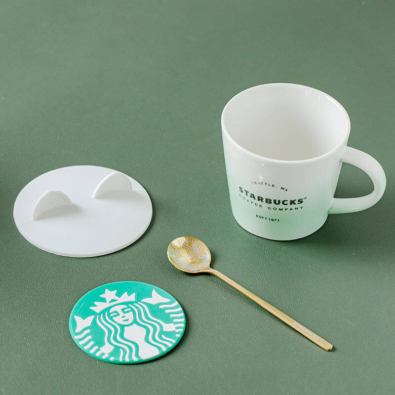 Cốc Gốm Starbuck Cốc Màu Xanh Lá Macaron Chuyển Màu 345Ml Có Thìa Nắp Cốc Để Bàn, Cốc Nước