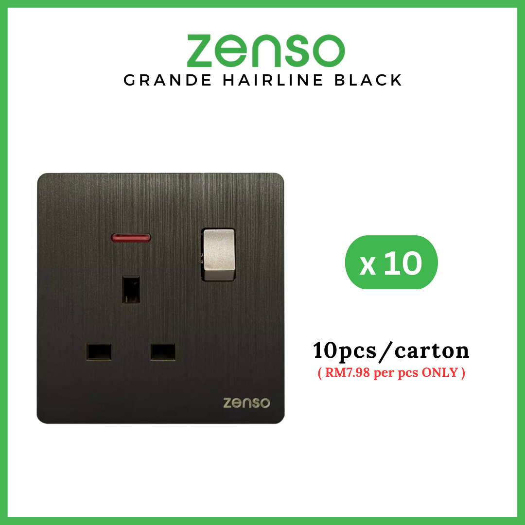 Zenso Grande 13a Switch Socket Outlet With Sirim Hairline Black