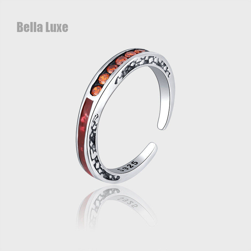 S925 Sterling Silver Ring Women Orange Red Zirconia Set Open Adjustable Ring