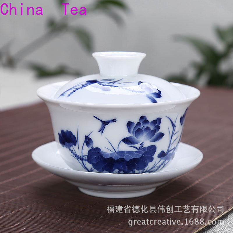 Bát sứ lớn màu trắng, bộ trà gốm bát ba nắp, bộ trà xanh trắng bát trà