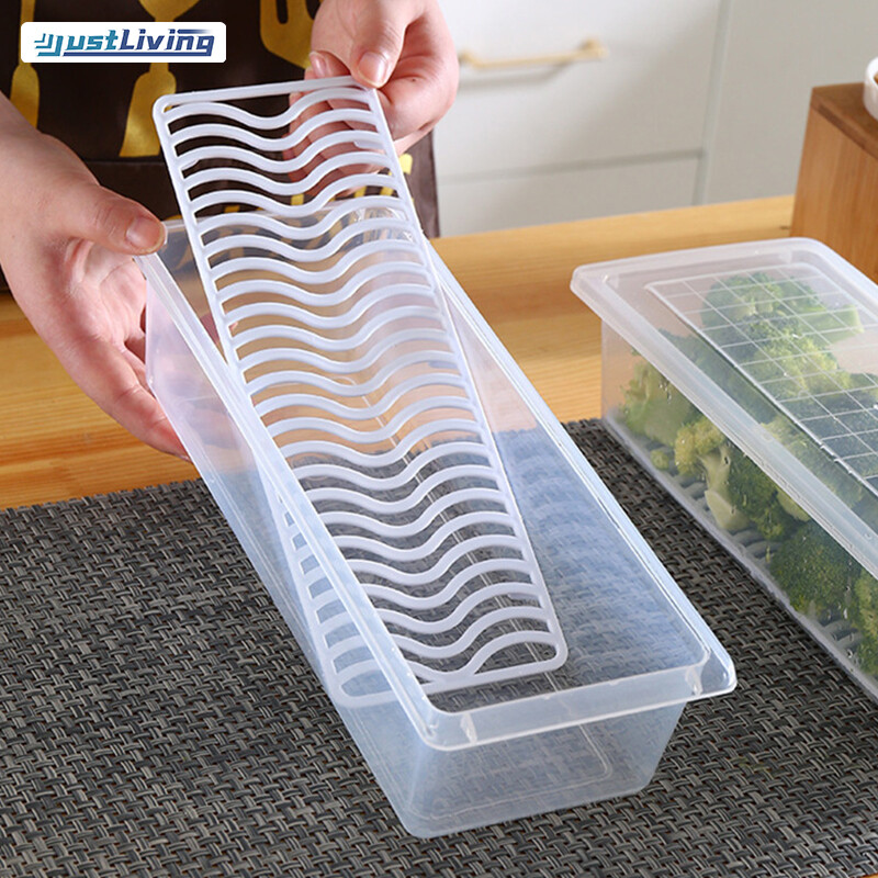 JustLiving Kitchen Rectangular Refrigerator Drainage Storage Box Plastic Fruit Box Food Sealed Frozen Storage