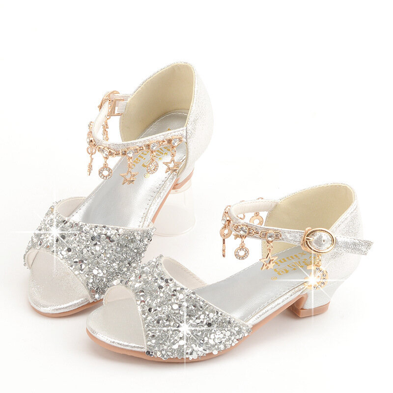 New Summer Girls Glitter Sandals Princess Children Leather Shoes for Kids Formal High Heel Dance Girls Shoes Pendant Rhinestones Gold Pink Silver