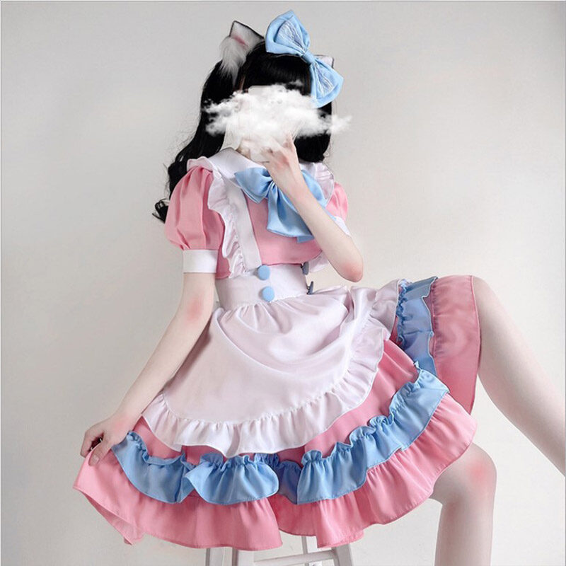 YA ZHOU LONG Super cute pink blue maid costume cosplay daily cute Lolita women's Lolita suit dress