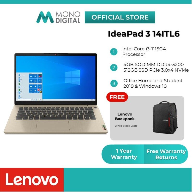 Lenovo IdeaPad 3 14ITL6 14 FHD Laptop Notebook Intel i3-1115G4/ 4GB RAM/ 512GB SSD/Windows 10 (82H700D7MJ/82H700D8MJ/82H700D9MJ) Free Lenovo Backpack Malaysia