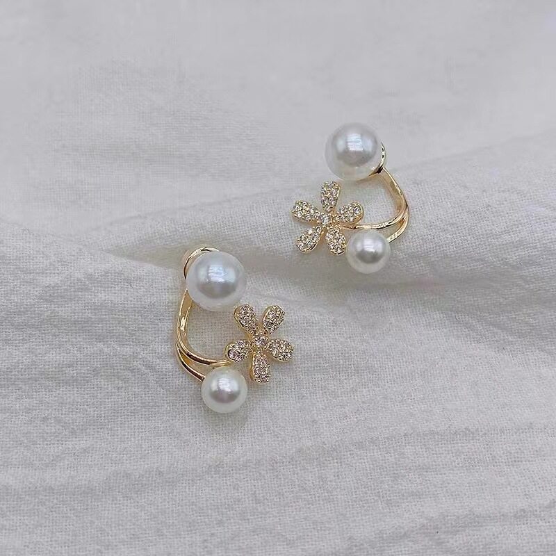 Bông Tai Ngọc Trai Vàng 18K Cho Nữ Khuyên Tai Đuôi Cá Hoa Kim Cương Giả Cổ Điển Kiểu Pháp Quà Tặng Trang Sức Thời Trang Chống Phai Màu