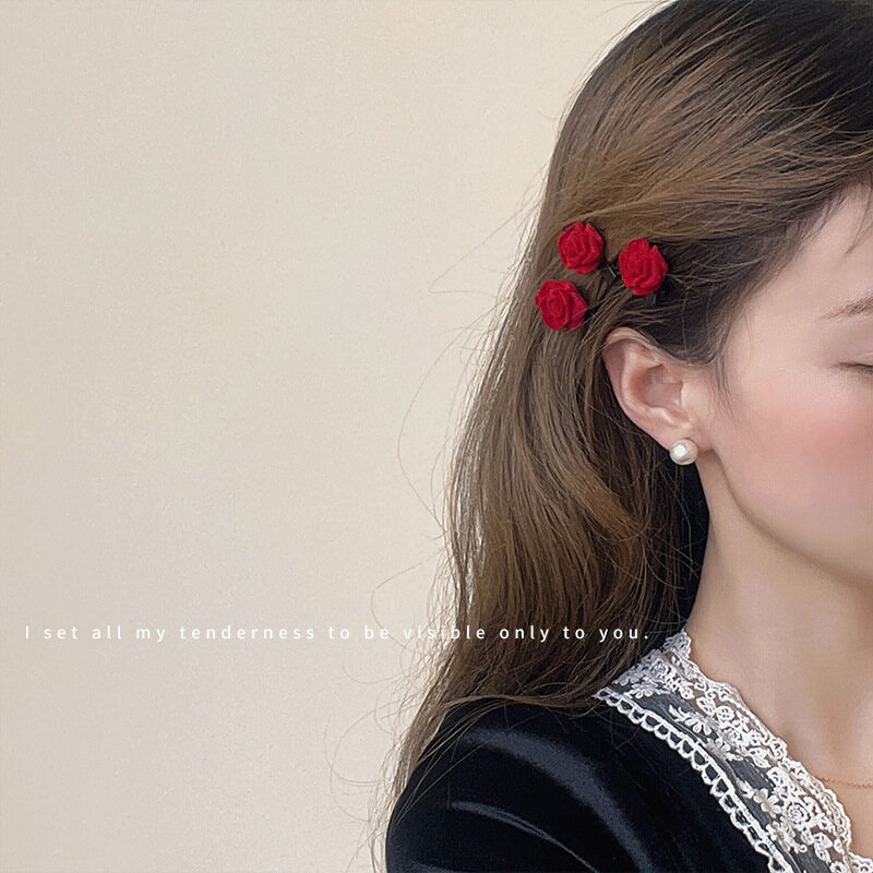 Flocked red rose hairpins