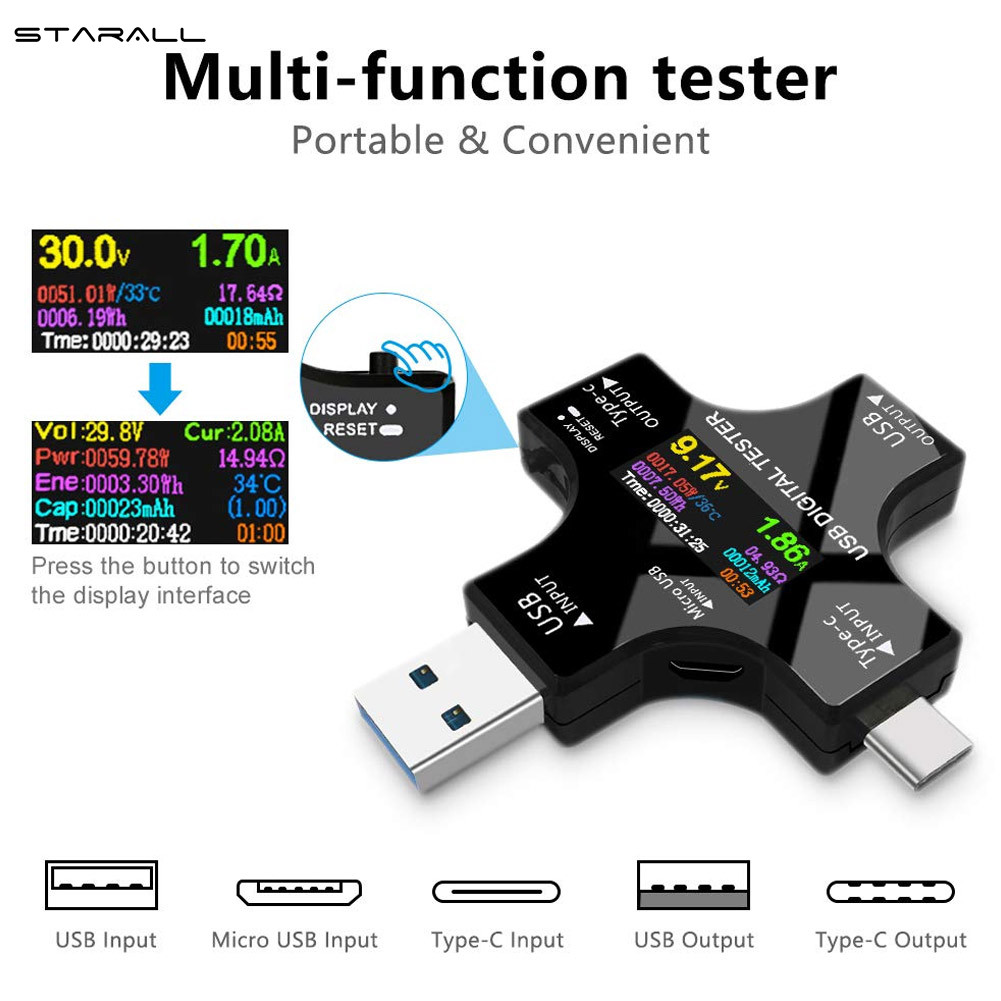 StarALL Máy Đo USB Loại C Đa Năng Máy Kiểm Tra Đồng Hồ Vạn Năng Kỹ Thuật Số LCD Dòng Điện Áp