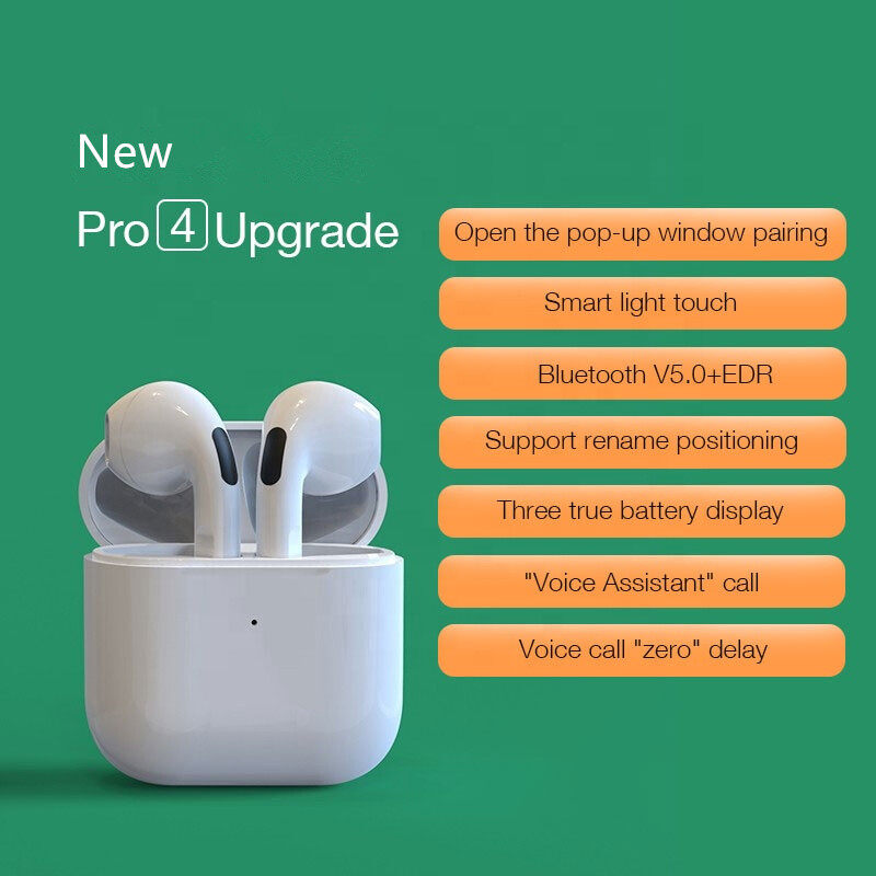 Mini Pro 4 Bluetooth Earphone TWS Wireless Headphones Sport Gaming Headset Earbuds with Pro 4 Case and Metal Hook