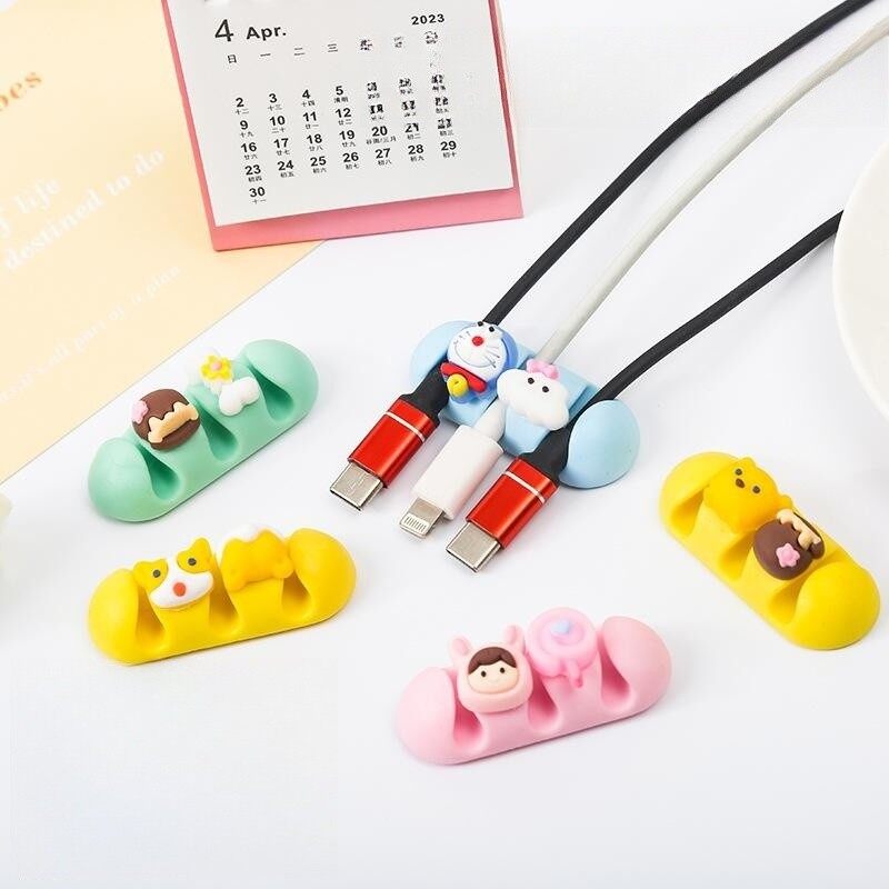 Cartoon Desktop Data Cable Manager Silicone Buckle Self-adhesive Wire Fixer Charging Cable Clip Buckle Winder Hub
