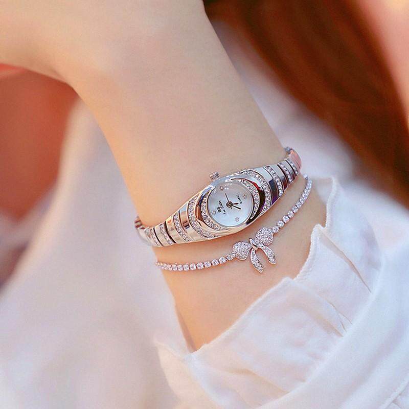 BS Wanita Jam Tangan Kuarsa Berlian Imitasi Baja Tahan Karat Tali Sederhana Yang Cantik Dial Kecil Tahan Air Fashion Kantor Jam Gelang