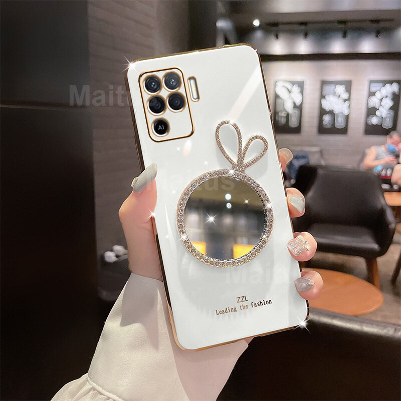 Dành Cho OPPO Ốp A94 + Gương Trang Điểm Kim Cương Giả, Tai Thỏ Đáng Yêu Thời Trang Ốp Lưng Vuông Mạ Bóng Mỏng Ốp Điện Thoại Cho Bé Gái Ốp Lưng Điện Thoại Chống Sốc Bằng Silicon TPU Mềm Vỏ Bảo Vệ Cho Nữ