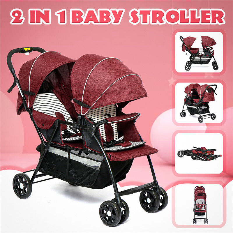 【2020 CNY SALE】(GREY/RED/BLACK-2 in 1) Comfortable Double Seat Twin Baby Stroller Front+Back Tandems Compact Stroller For Child-Large storage basket, sun canopy & foldable back seat Singapore