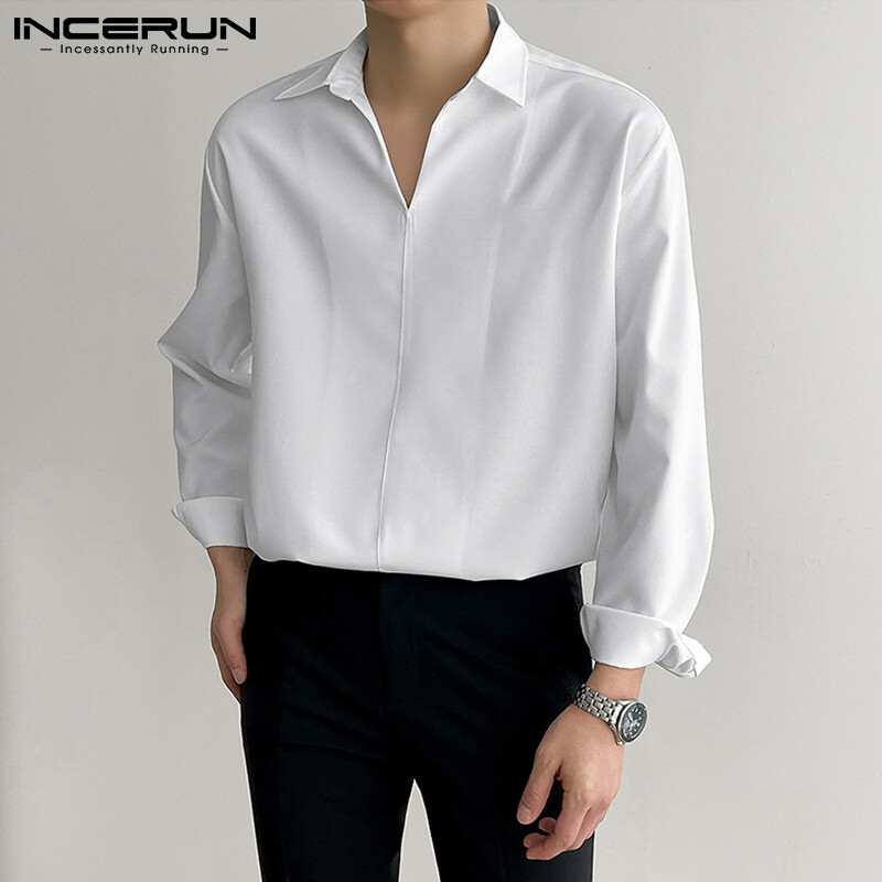 Beehoo INCERUN Mens Cargo Formal Long Sleeve Shirts V Neck Loose Fit Office Tops Tee