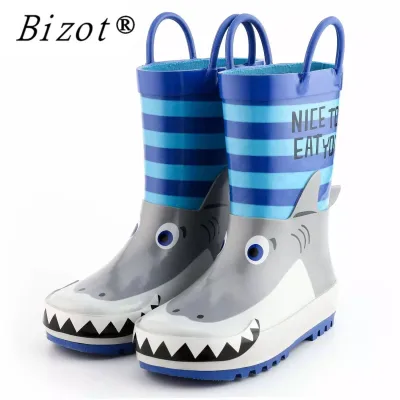 BIZOT Rain Boots Kids Waterproof Children's Rubber Boots 3D Cartoon Shark Printed Toddler Boy Rain boots