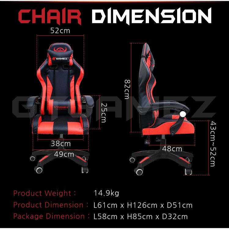 Gtgamez Gaming Chair Racing Chair With Ergonomic Backrest Height