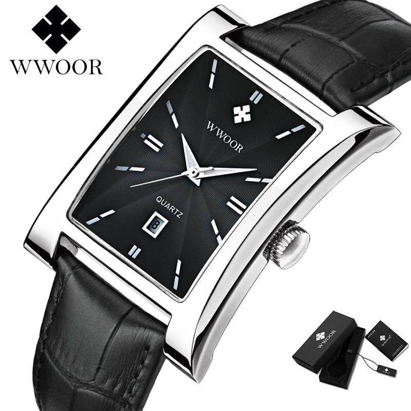 WWOOR Top Luxury Brand Watch For Men Square Dial Calendar Genuine Leather Water Resistant  Original Wristwatch