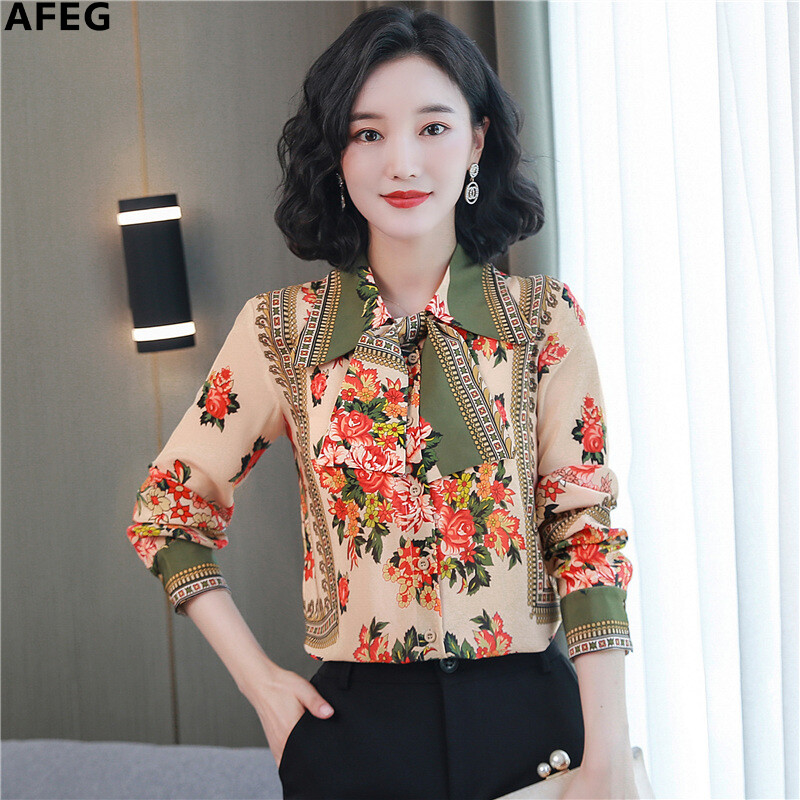 AFEG new Korean shirt collar fashion all-match temperament printed silk long-sleeved shirt for women
