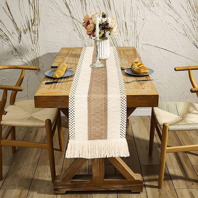 Farmhouse Boho Table Runner, Stitching Edge Handmade Crochet Bohemian Style, Suitable for Dining Table Decoration