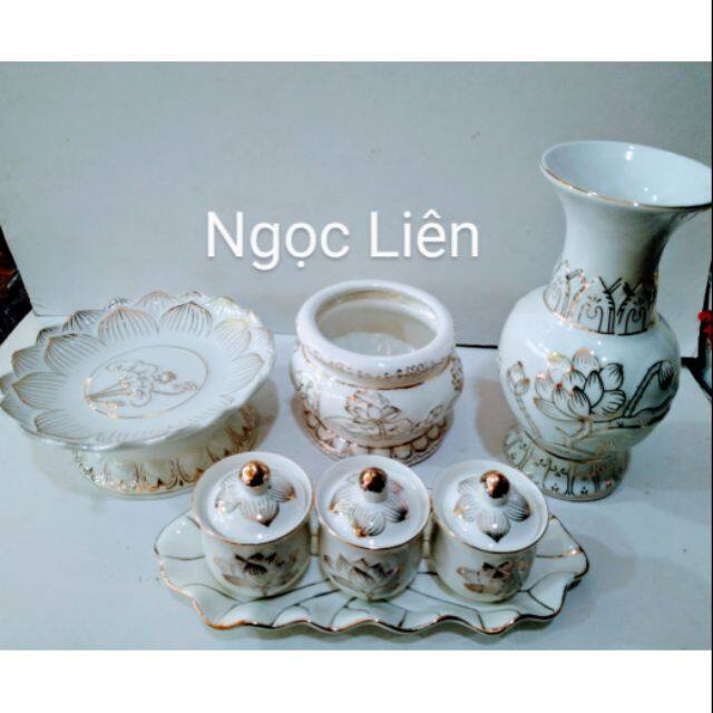 Bộ sứ thờ bạch ngọc hoa sen lư hương 4 inch