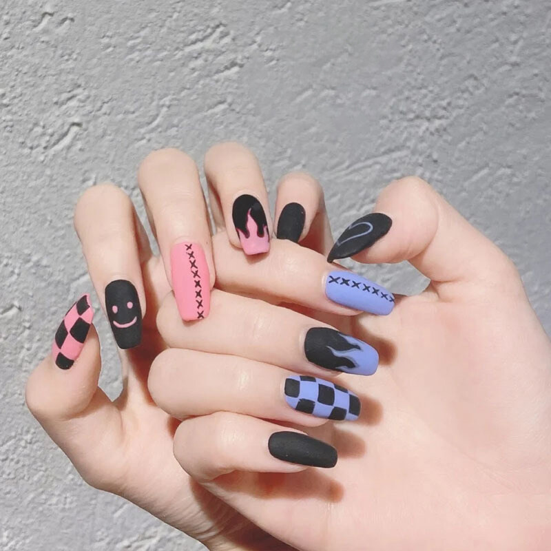 BEAUTYBIGBANG Bột Lửa Vịt Mandarin Miếng Dán Móng Tay Màu Xanh Mờ, Miếng Dán Móng Giả Dài Trung Bình Có Thể Tháo Rời Hoàn Thiện Hình Thang Móng Tay Giả