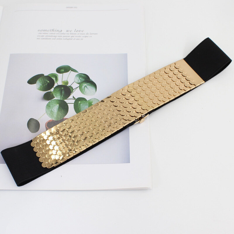 Shiny Metal Sequins Women Belt Fashion Stretch Wide Waistband Corset Female Coat Dress Decoration Elastic Belt