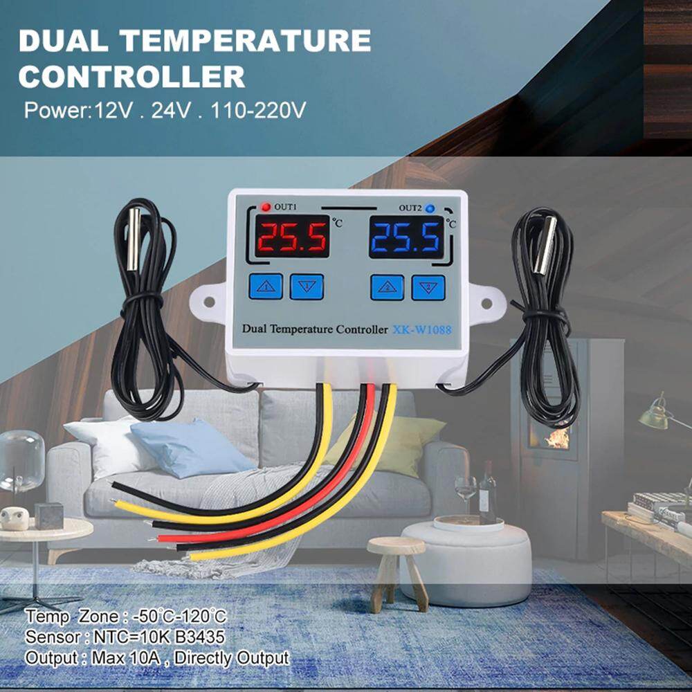 Smart Sensor Dual Digital Thermostat Temperature Controller Two Relay Output Thermoregulator for incubator Heating Cooling XK-W1088 AC110-220VAC 50/60Hz /12V DC/24V DC