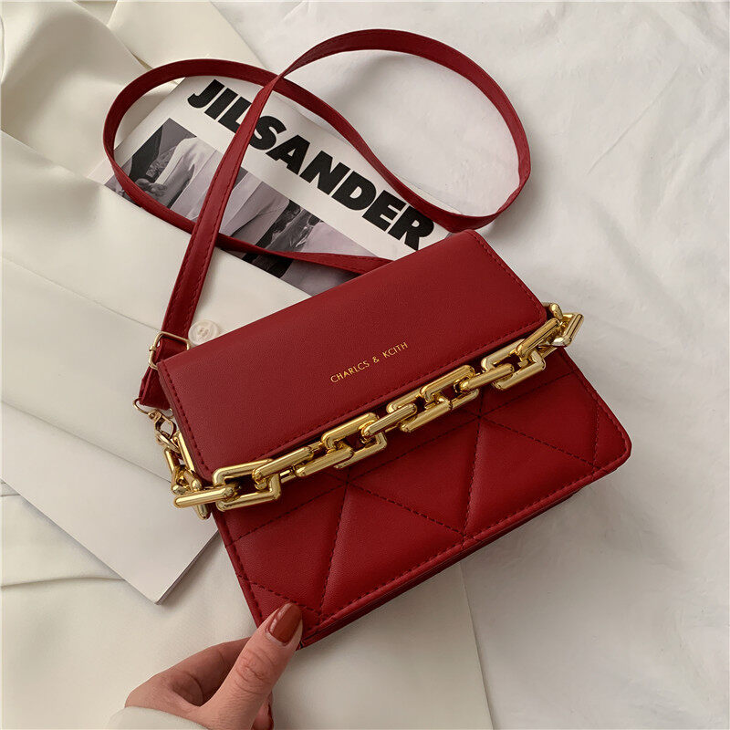NALLCHEER Chain small bag new fashion embroidery line wide shoulder strap shoulder bag messenger bag