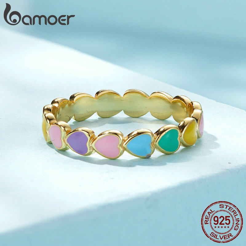 BAMOER Miễn Phí Vận Chuyển Nhẫn Đeo Tay Hình Trái Tim Cầu Vồng Xếp Chồng Lên Nhau Bằng Bạc Ý 925 Thật Tháng 10 Cho Nữ Nhẫn Đính Hôn Đám Cưới Trang Sức Anel SCR444
