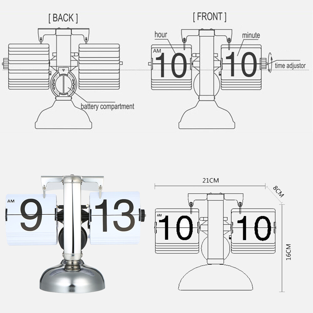 Quy Mô Nhỏ Đồng Hồ Để Bàn Retro Flip Trên Đồng Hồ Thép Không Gỉ Lật Nội Bộ Bánh Răng Hoạt Động Đồng Hồ Thạch Anh Đen/Trắng