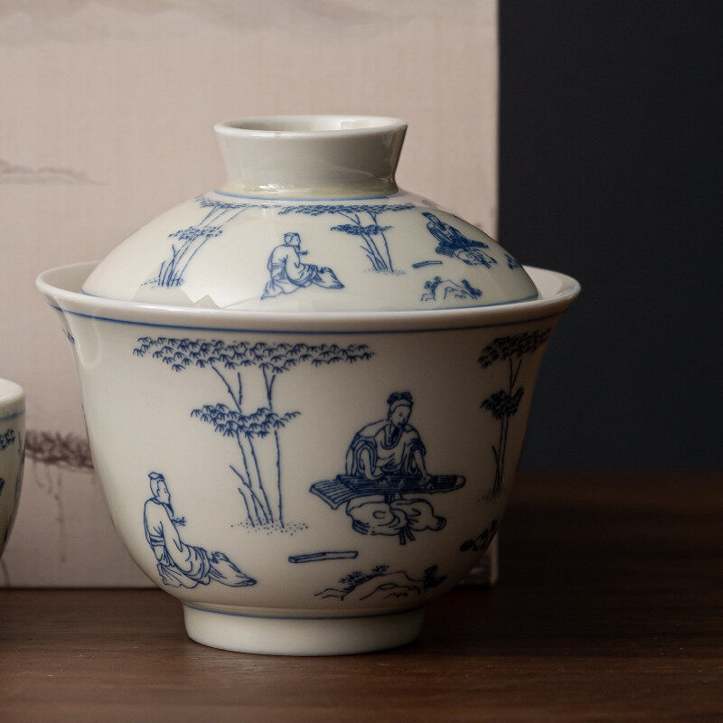 Cover Bowl Tea Cup High end Vintage Blue and White Glazed Black Tea Cup Single Boutique Kung Fu Tea Set, Tea Pot, Tea Making, Hand Gift