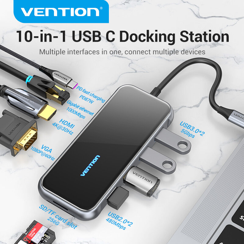 【COD】Vention HUB Type C Docking Station Thunderbolt 3 bộ chuyển đổi Type C PD 87W power port USB C t