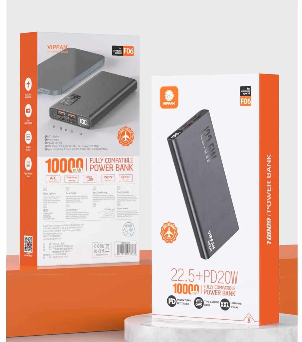VIPFAN F06 POWERBANK 10000MAH 22.5 + PD20W DIGITAL DISPLAY 10000Mah Fast  Charging 22.5W Pd Charging 3-Port Universal Powerbank Lithium-Ion Battery  Powerbank - Lazada | Lazada