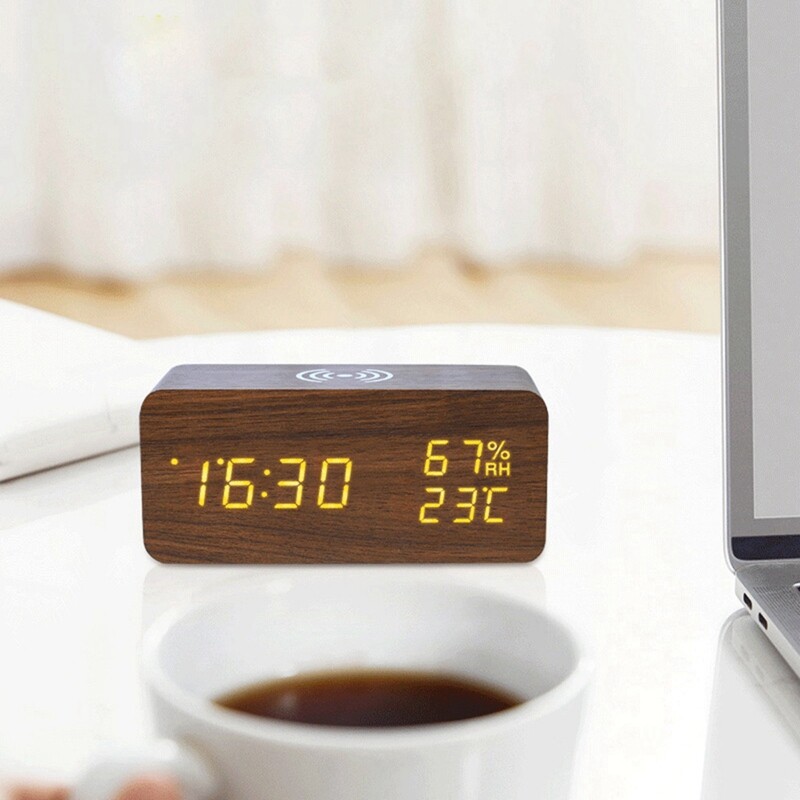 Digital Alarm Clock, Temperature and Humidity Alarm Clock LED Electronic Clock Smartphone Wireless Charger