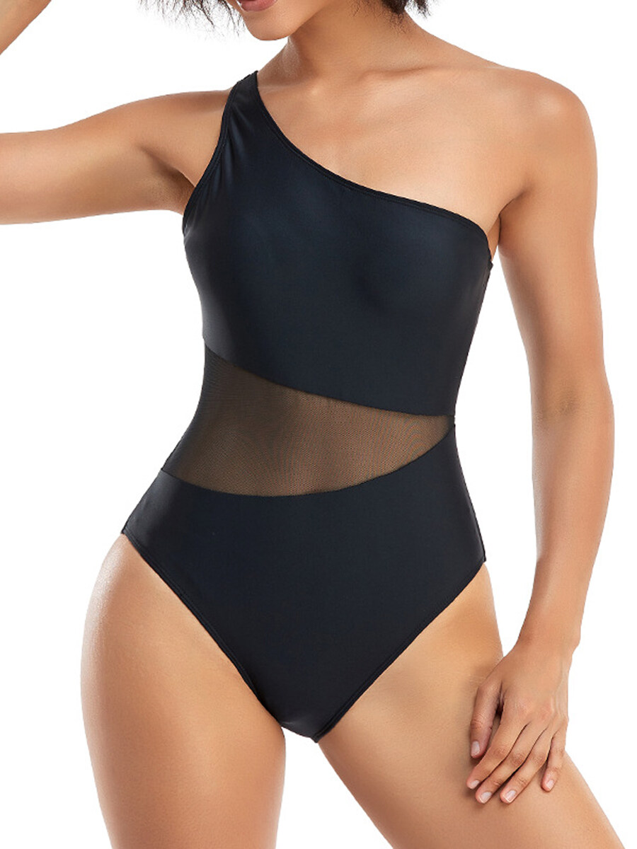 Happybuyner Damen-Bikini, ärmellos, One-Shoulder, durchsichtig, Patchwork, Sommer, Schwimmen, Badeanzug_voghion.com