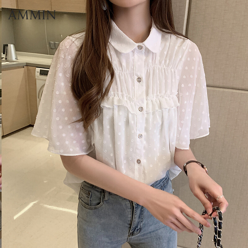 AMMIN new Korean style lotus leaf sleeve top for female short-sleeved chiffon shirt lady casual blouse
