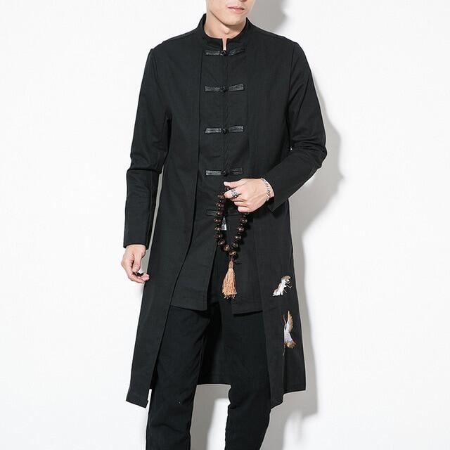 【 New Arrival】Chinese Style Tops 2023 News Coat Linen Embroidery Crane Casual Long Gown New Year Clothes Traditional Chinese Clothing for Men