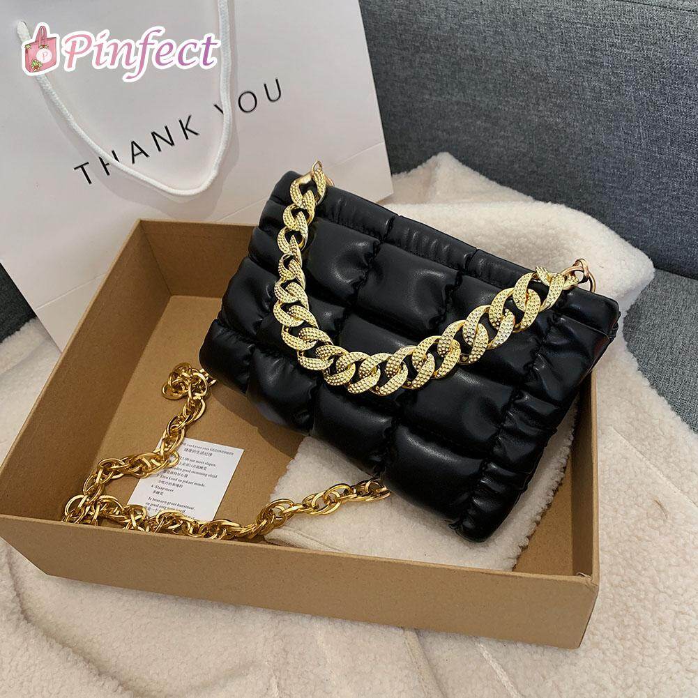 [Pinfect] Fashion Vintage Quilted Crossbody Bag Women Casual PU Leather Shoulder Bag Thick Gold Chain Handbag