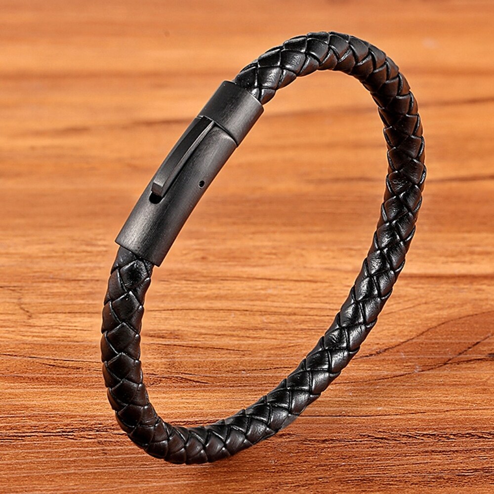 Mens black leather braided on sale bracelet