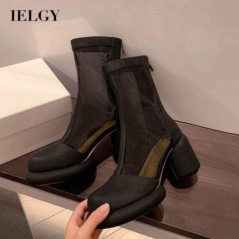 IELGY thick heel transparent mesh women's cool boots round toe platform high heel mesh boots zipper ankle boots